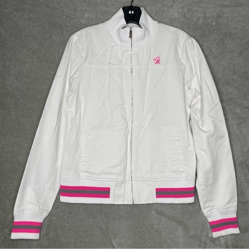 Hurley White Varsity Bomber Jacket Juniors Size L Pink Trim Full Zip